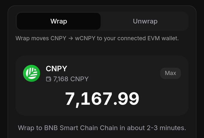A crypto wallet interface showing a 'Wrap' function to convert CNPY to wCNPY, displaying a balance of 7,167.99 CNPY and noting it will wrap to BNB Smart Chain in 2-3 minutes.