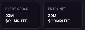 A dark dashboard panel shows two metrics for the $COMPUTE token: "Entry Gross" and "Entry Net," both displaying 20M, suggesting equal gross and net entry positions. This aligns with the post's claim that $COMPUTE is an early entry opportunity compared to other gaming meta tokens like $KINS, $BLOCK, $BRICK, and $Trench.