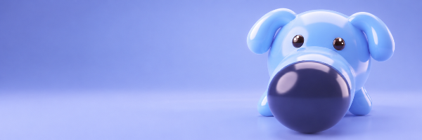 A 3D-rendered blue dog character pushes a dark purple ball against a light blue background.
