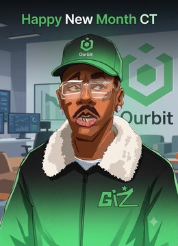 A cartoon-style illustration shows a man wearing glasses, a green "Ourbit" cap, and a green jacket with "GZ" text, set against a backdrop featuring the Ourbit logo. The image header reads "Happy New Month CT," visually aligning with the post's message celebrating the new month and promoting the Ourbit exchange partnership.