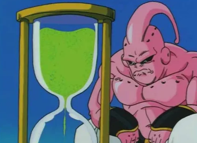 The image features a cartoon character, likely from the anime "Dragon Ball Z", sitting next to a tall hourglass filled with green liquid. The character appears to be waiting for something or someone, possibly money, as indicated by the caption above the image.