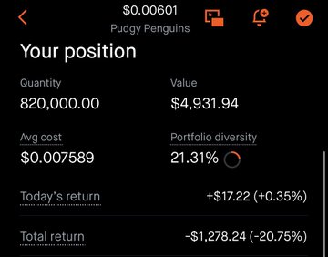 A mobile trading app screen showing a 'Pudgy Penguins' position with quantity 820,000.00, value $4,931.94, and total return -$1,278.24 (-20.75%).