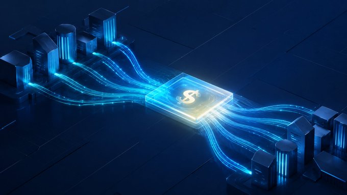 A glowing blue chip featuring a dollar sign sits at the center of the image, with streams of light flowing between clusters of stylized skyscrapers on either side—symbolizing banks transmitting and receiving digital currency. The visual reinforces the post's message about major financial institutions like Bank of America, Citi, Goldman Sachs, Deutsche Bank, and UBS channeling resources toward issuing their own stablecoins.
