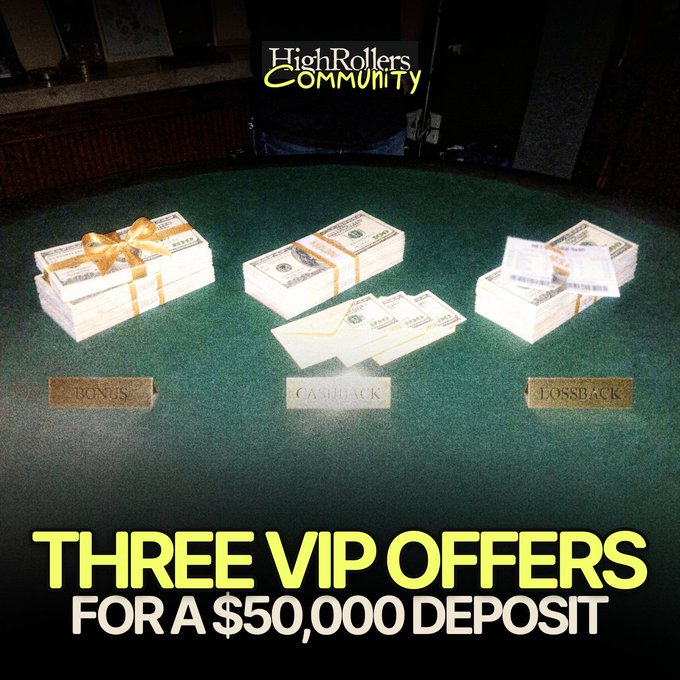A promotional image for "HighRollers Community" displayed on a poker-style green felt table shows three stacks of cash labeled "BONUS," "CASHBACK," and "LOSSBACK," with bold text reading "THREE VIP OFFERS FOR A $50,000 DEPOSIT." The post references this image by drawing a parallel between choosing one of these lucrative VIP cash incentives and choosing a crypto token that instantly returns 10% of your purchase back to your wallet—arguing investors should obviously pick the one offering immediate profit, yet often fail to do so in the market.