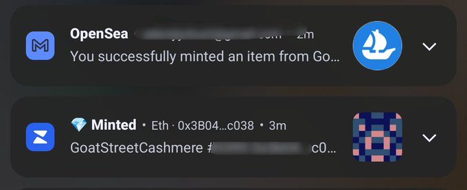 Mobile notification screenshots show a successful mint on OpenSea and an NFT minted on the Ethereum blockchain from the GoatStreetCashmere collection.