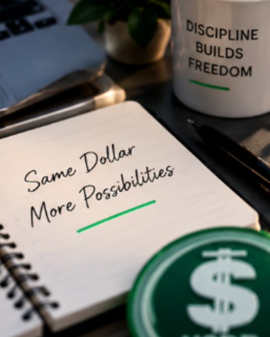 A motivational still life showing handwritten cursive text "Same Dollar More Possibilities" on a notebook, accompanied by a coffee mug reading "DISCIPLINE BUILDS FREEDOM" and a green dollar coin in the foreground.