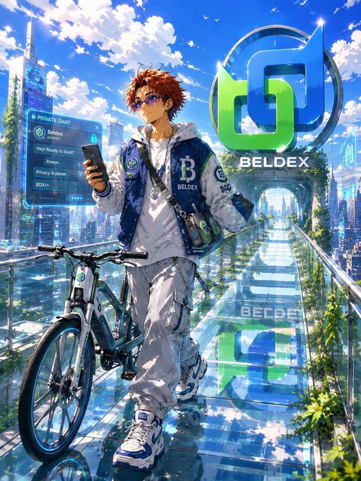 An anime-style digital illustration of a person standing with a bicycle on a glass walkway, accompanied by 'BELDEX' branding and a chat interface.