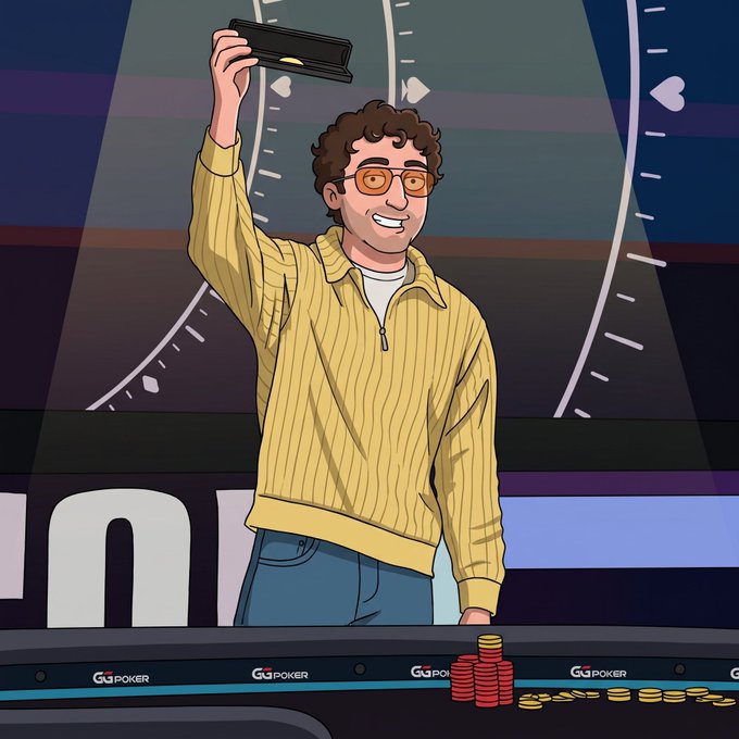 An animated cartoon illustration shows a smiling man with curly hair and glasses in a yellow sweater holding up a card at a GG Poker table with chips in front of him.