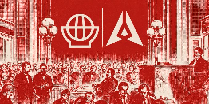 A red and white illustrated scene depicting a historical legislative assembly, with two stylized logos—a circular globe-like emblem and a triangular 'A'—floating in the foreground.