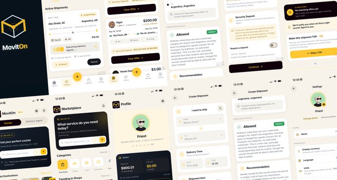 Mobile app UI design mockups for 'MovitOn', a delivery/shipping service, showing screens for shipment tracking, marketplace, profile, and delivery agent features.