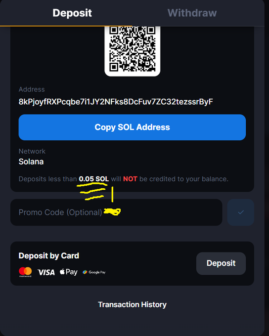 A cryptocurrency deposit interface showing a QR code, a Solana address beginning with '8kPj...', a 'Copy SOL Address' button, and a note that deposits less than 0.05 SOL will NOT be credited.