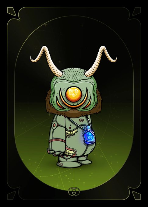 A digital illustration of a one-eyed, horned green creature in a spacesuit carrying a glowing blue orb labeled 'GG', set against a dark green oval background with decorative borders.