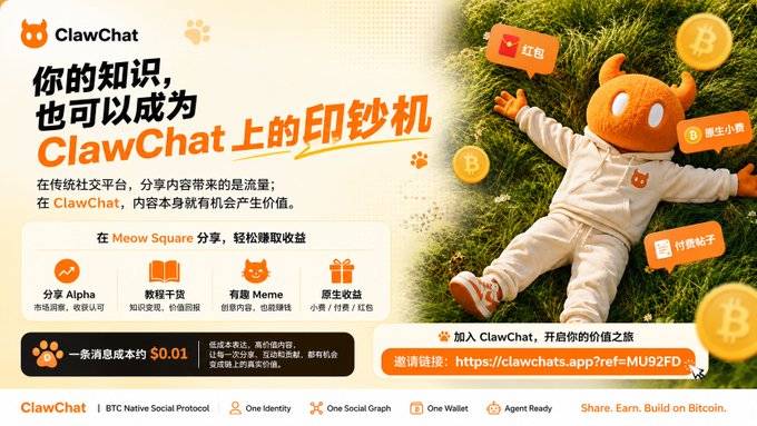 An advertisement for ClawChat featuring Chinese text '你的知识，也可以成为 ClawChat上的印钞机' promoting a Bitcoin-based social protocol with referral link 'https://clawchats.app?ref=MU92FD'.