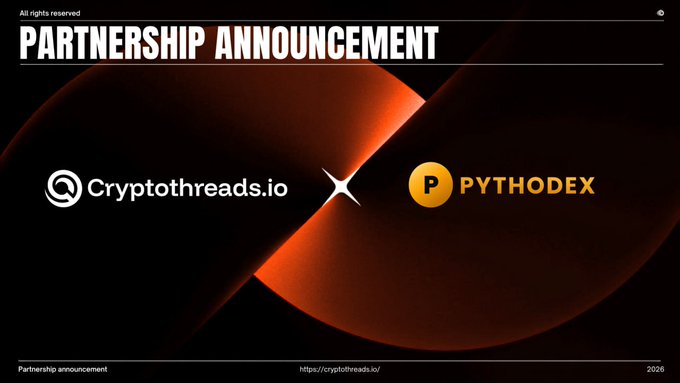 A dark promotional graphic titled 'PARTNERSHIP ANNOUNCEMENT' featuring the logos of Cryptothreads.io and Pythodex, with the URL cryptothreads.io/ and year 2026 displayed at the bottom.