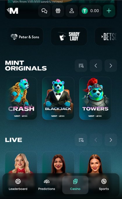 A mobile app screenshot of an online gambling platform showing 'MINT ORIGINALS' section with games 'CRASH', 'BLACKJACK', and 'TOWERS', plus a 'LIVE' section and bottom navigation with Leaderboard, Predictions, Casino, and Sports options.