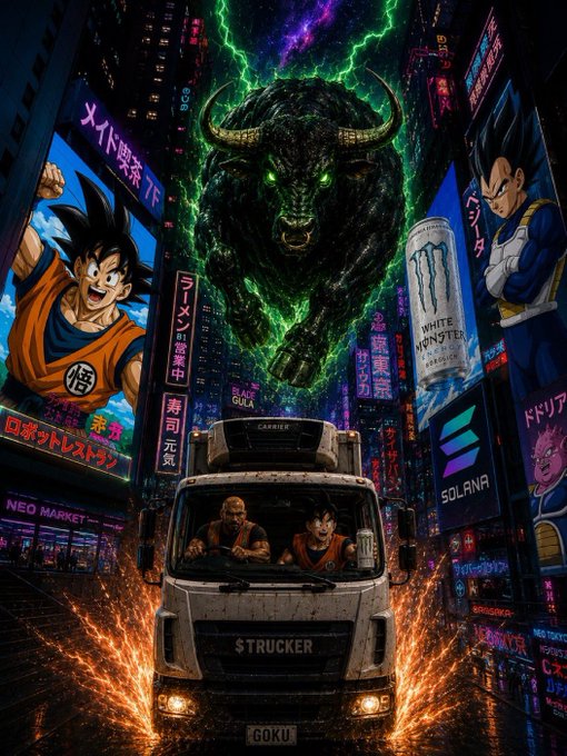 A giant, glowing green Minotaur made of cracked stone looms over a neon-lit anime cityscape, chasing a truck labeled "$TRUCKER / GOKU" with two riders inside—Saitama and Goku—while a Monster energy drink flies off the back. Billboards advertise characters including Vegeta and reference "WHITE MONSTER," "SOLANA," and "NEO MARKET," tying into the "gas it" theme as the drivers floor it to escape.