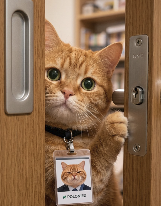 An orange tabby cat peeks through a partially open door, wearing an ID badge with its own photo and the 'POLONIEX' logo.