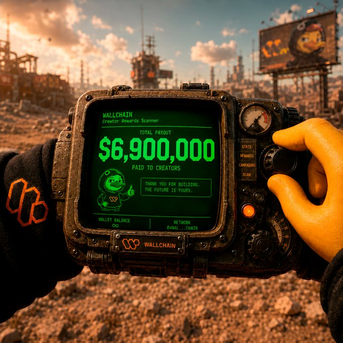 The image shows an old computer with a green screen displaying a dollar amount of $6.9M paid to creators for their work over a period of time. The viewer's perspective suggests that they are holding this device up, looking at the screen. The image is related to the post in the sense that it emphasizes the importance of creators' attention and contributions on platforms like @wallchain, which are focusing more on measuring attention rather than capturing most of the value generated by projects.