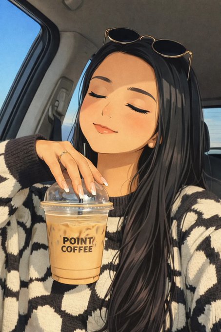 An anime-style illustration of a woman with long dark hair and sunglasses on her head, holding a 'POINT COFFEE' iced drink inside a car.