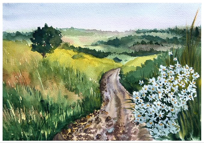Watercolor painting depicting a winding dirt path through green rolling hills, with a cluster of white daisies in the foreground and a lone tree on the left.