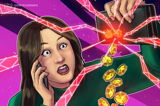 A Cointelegraph illustration depicting a shocked woman on a phone with red geometric network lines and golden crypto coins emerging from a wallet held by another hand, set against a purple background.