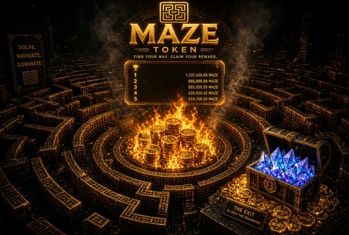 A promotional graphic for 'MAZE TOKEN' featuring golden coins with flames, blue crystals in a treasure chest, and a labyrinth maze design. The central panel displays rankings and MAZE token amounts, with text reading 'FIND YOUR WAY. CLAIM YOUR REWARD' and 'THE EXIT IS ONLY THE BEGINNING.'