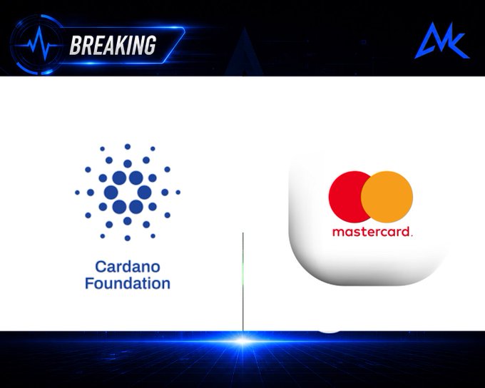 The image features a "BREAKING" banner at the top alongside a logo, with the Cardano Foundation emblem on the left and the Mastercard logo on the right, visually representing the partnership announced in the post.