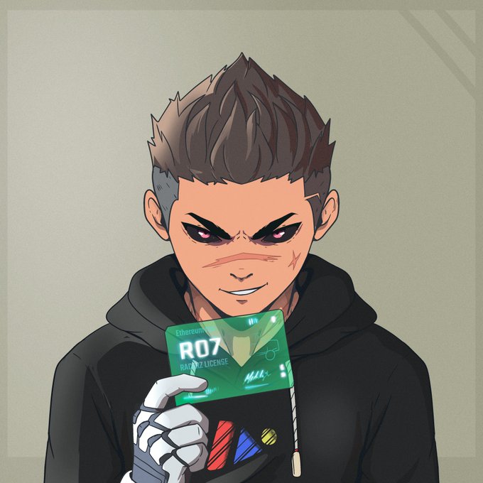 An anime-style character with spiky dark hair and a mischievous grin holds up a green Ethereum-themed card labeled "R07 DRIVER LICENSE" with the signature "MMA." The card and character's animated intensity visually play into the post's mention of "Higher!!!" and the bonding of the @Racerz_eth token, evoking a high-energy, "fast lane" crypto vibe.