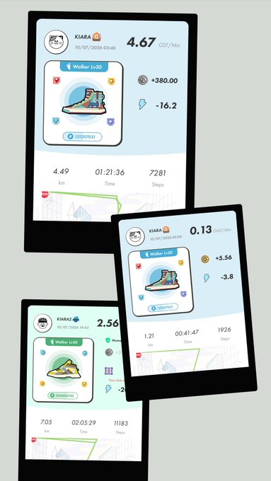 A mobile app interface mockup displaying running statistics and NFT rewards, showing user data for 'KIARA' and 'KIARA2' with metrics like pace, time, steps, and distances of 4.49km and 1.21km.
