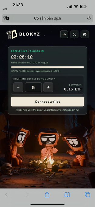 A mobile web page for a "BLOKYZ" NFT raffle, showing 5 entries for 0.15 ETH and a countdown timer with cartoon box characters around a campfire.