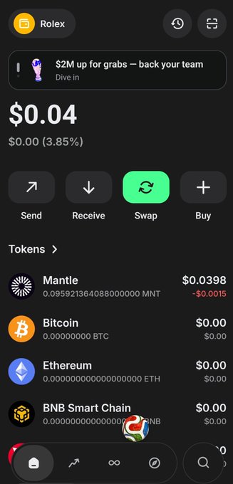 Screenshot of a cryptocurrency wallet app showing a 'Rolex' account with a balance of $0.04, featuring a notification about '$2M up for grabs — back your team' and listing tokens like Mantle (MNT), Bitcoin, Ethereum, and BNB Smart Chain.