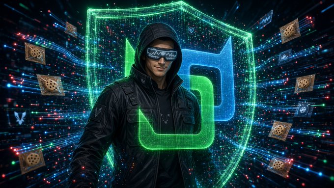 A hooded figure wearing pixelated sunglasses stands in front of a glowing green shield logo, with cookies and other icons floating in a digital stream of data behind them.