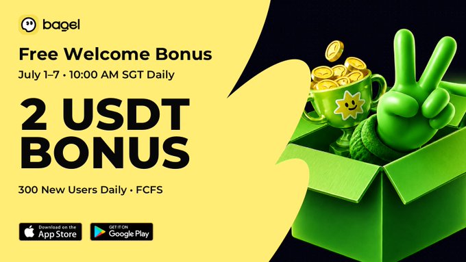 A promotional advertisement for Bagel app offering a 'Free Welcome Bonus' of '2 USDT BONUS' with download links for App Store and Google Play.