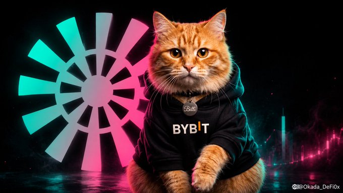 A digital illustration of an orange cat wearing a black hoodie with the 'Bybit' logo, set against a neon pink and blue background featuring a sunburst design and a futuristic cityscape.