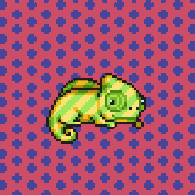 Pixel art of a green chameleon against a pink background with a repeating blue plus-sign pattern.