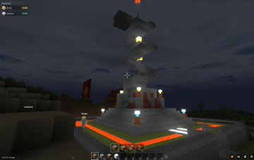 A nighttime Minecraft screenshot featuring a tall vertical tower structure with lava accents and floating elements illuminated against the dark sky.