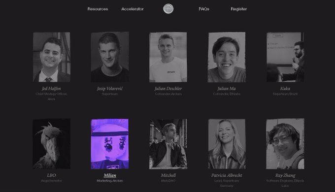 The image shows a dark-themed website displaying a "Judges" or speakers page for the Crypto World's Fair event, featuring black-and-white headshots of ten individuals including Jed Halfon, Josip Vukorevic, Julian Deschner, Julian Ma, Koka, LBO, Milian, Mitchell, Patricia Albrecht, and Ray Zhang, each with their company affiliations and locations listed below their portraits. The page's purpose aligns with the post's message by showcasing the lineup of judges—including a current guest judge—who will evaluate project submissions at the fair.