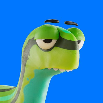 A close-up 3D rendering of a green and teal dinosaur character with sleepy eyes and a dark eyebrow, set against a solid blue background.