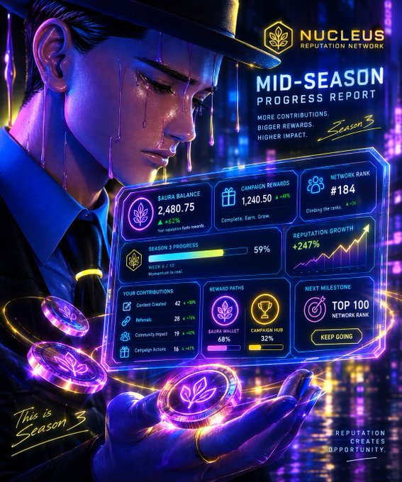 A promotional graphic for 'NUCLEUS REPUTATION NETWORK' titled 'MID-SEASON PROGRESS REPORT Season 3' features a cyberpunk-styled figure holding a holographic dashboard with metrics like SAURA BALANCE, NETWORK RANK #184, and a 59% Season 3 Progress bar.