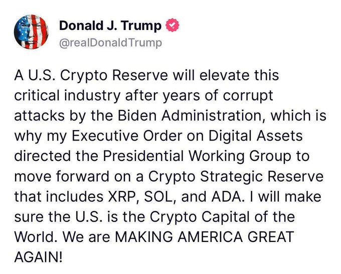 A tweet from Donald J. Trump (@realDonaldTrump) announcing a U.S. Crypto Strategic Reserve that includes XRP, SOL, and ADA, stating it will make the U.S. the 'Crypto Capital of the World.'