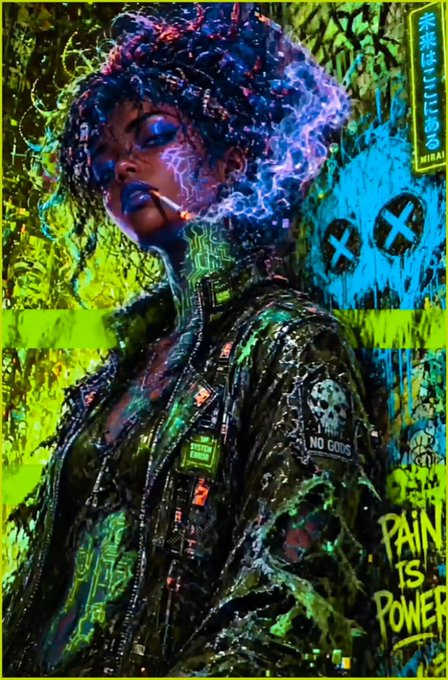 A vibrant cyberpunk-style digital artwork features a woman with glowing multicolored curly hair smoking a cigarette, wearing a 'NO GODS' jacket with 'PAIN IS POWER' text and graffiti background.