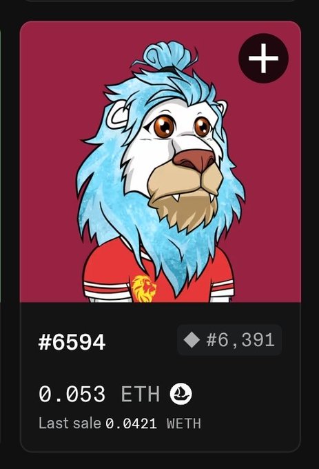 A digital NFT card displaying a cartoon lion with a blue mane wearing a red shirt with a flame logo. The card shows '#6594', a diamond icon with '#6,391', '0.053 ETH', and 'Last sale 0.0421 WETH'.
