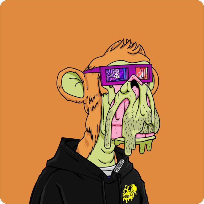 A melting, orange-furred cartoon ape wearing sunglasses with purple and red reflective lenses sports a black hoodie featuring a yellow skull logo, set against a solid orange background. The dripping, gooey face paired with the retro shades visually echoes the "Mutant Monday" theme of genetic mutation and chill "GM" vibes.