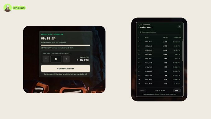 Two digital interfaces displayed on a light background: a window showing a "BootyLive" stream nearing completion with a countdown of "00:08:24" and a "Connect wallet" button, alongside a phone screen displaying a "BOOM WAR Leaderboard" with wallet addresses and scores.