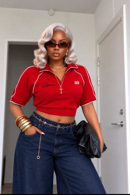 A woman with silver hair poses indoors wearing a red zip-up top with white piping and 'California' lettering, paired with high-waisted blue jeans and gold accessories.