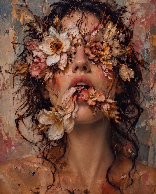 A surreal, painterly artwork depicting a woman's face and upper body intertwined with flowers and foliage that cover her eyes, with realistic textural details blending human features with botanical elements.