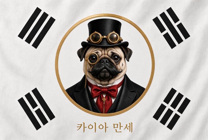 A flag design featuring a circular emblem of a pug dressed as a Victorian gentleman with a top hat, goggles, and a monocle, surrounded by four trigram symbols and Korean text at the bottom.