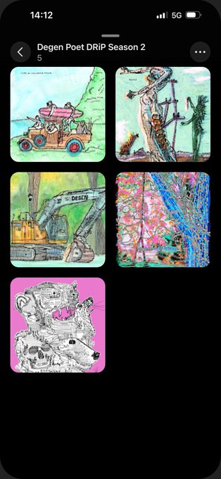 A smartphone screenshot shows an album titled 'Degen Poet DRIP Season 2' containing five colorful, illustrative digital artworks.