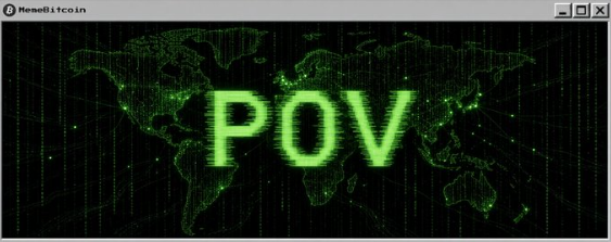 A meme-style graphic titled 'MemeBitcoin' features the text 'POV' in glowing green digital letters over a pixelated world map background.