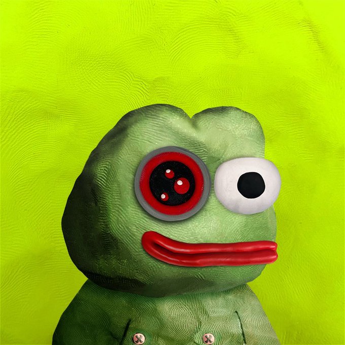 A green claymation-style character with a mismatched red and white googly eye and a red smile on a bright green background.